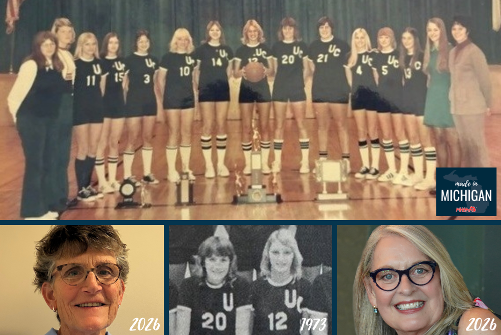 The 1973 Unity Christian girls basketball team poses for a team photo with its championship trophy; Kim Hansen (20) and Marcia Beutel (12) then and now.