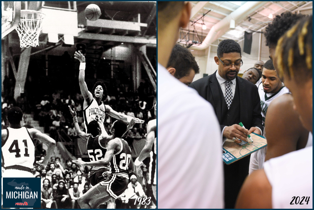 At left, Antoine Joubert puts up a shot during his highlight-filled career at Detroit Southwestern. At right, Joubert coaches Oakland Community College’s men’s basketball team.