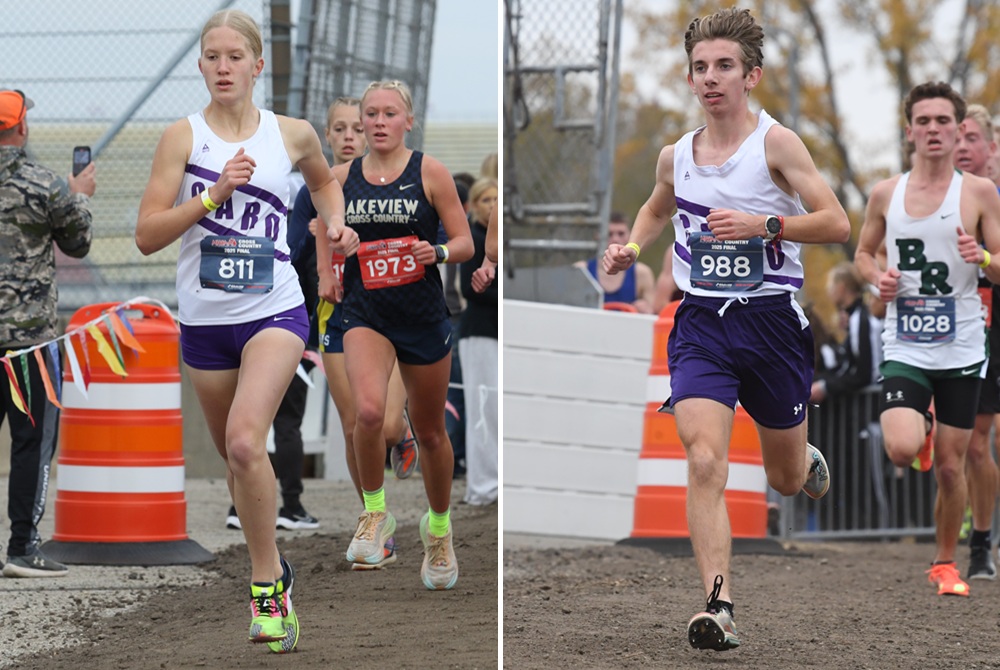 Caro’s Violet Tetil, left, and Luke Herron run their races at the 2025 Lower Peninsula Cross Country Finals at Michigan International Speedway.