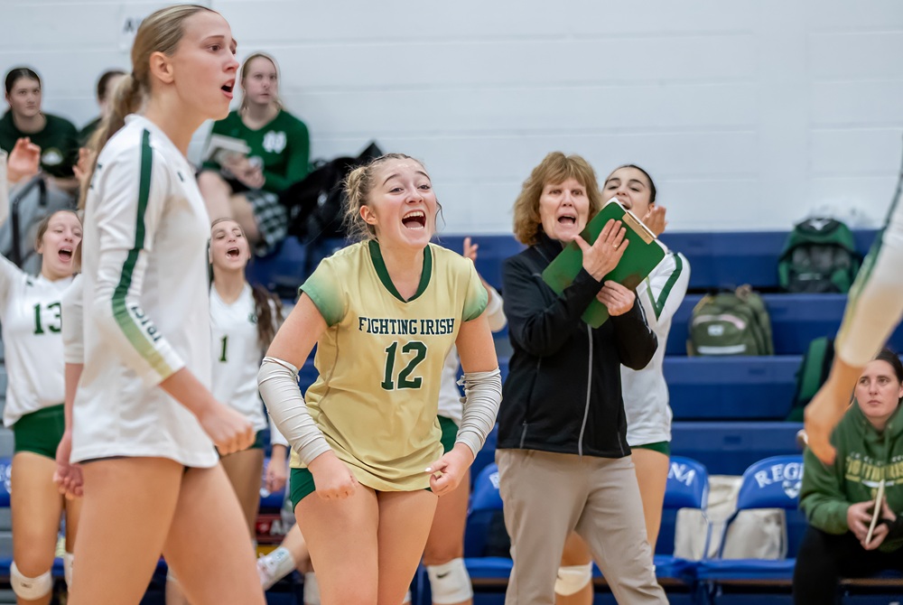 Pontiac Notre Dame Prep girls volleyball coach Betty Wroubel encourages her team during a match last season against Warren Regina. 