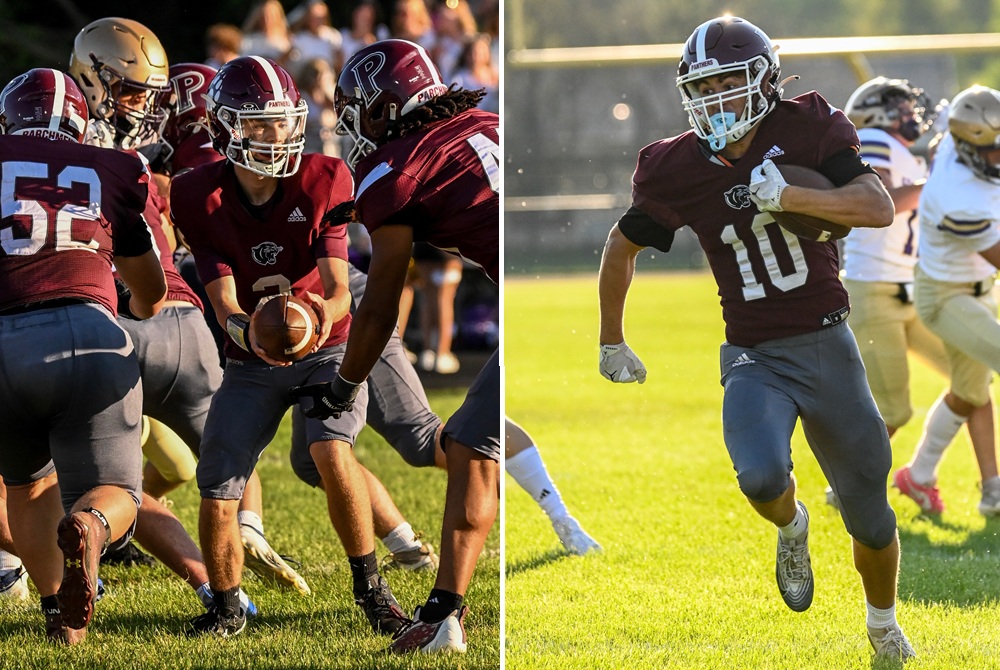 At left, Parchment quarterback Jordan Bagley (2) hands off during a game this season, and at right, Lucas Hutchinson (10) carries the ball downfield.
