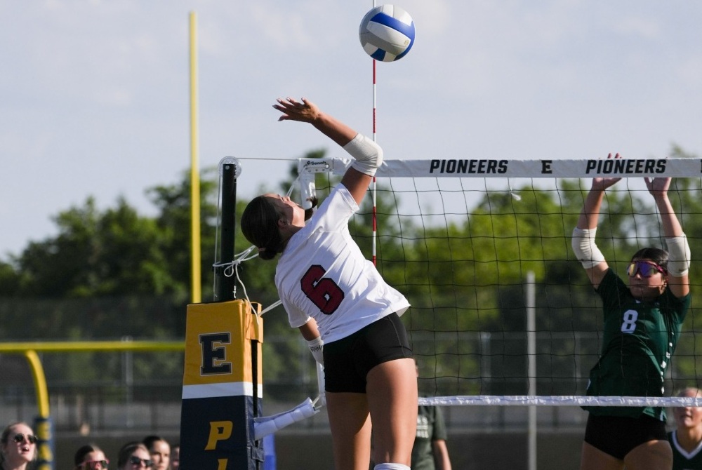 Allendale’s Josie Brose (6) winds up for a kill attempt while facing Grand Rapids Forest Hills Central at East Grand Rapids’ Rally on Reeds on Aug. 19.