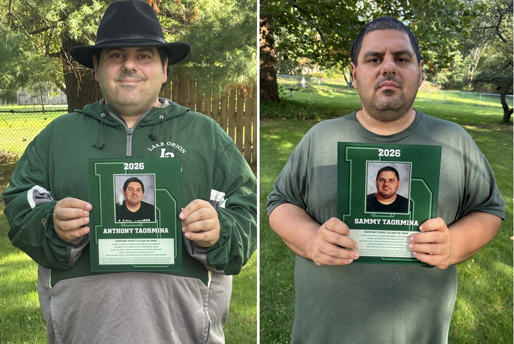 In these two photos, Anthony Taormina at left and Sammy Taormina hold up their Lake Orion Hall of Fame plaques. 