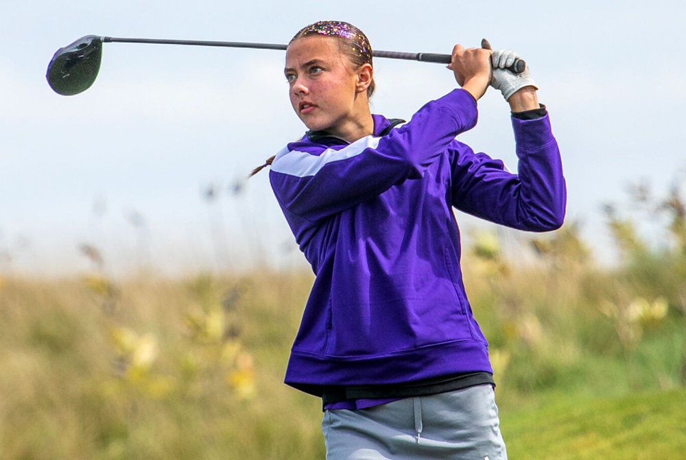 Leland’s Jaelyn Defour tees off on the Sundance Course during Tuesday’s Division 4 Regional at A-Ga-Ming Golf Resort in Kewadin.