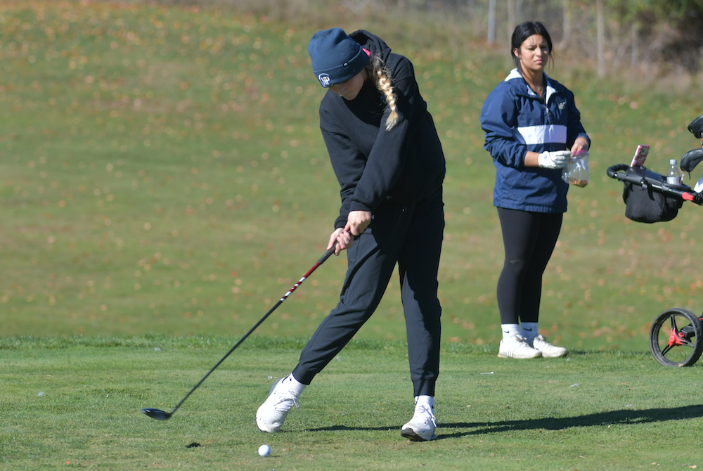 A Grand Rapids NorthPointe golfer tees off during the Division 3 Finals.