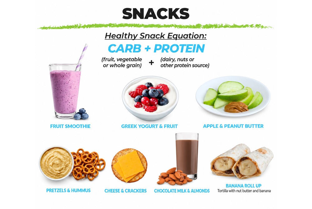 This graphic shows healthy combinations of snacks for athletes.