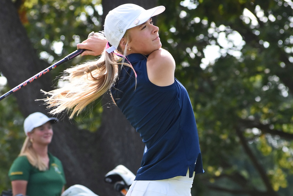 Hartland’s Payton Rohrhoff tees off during high school competition.