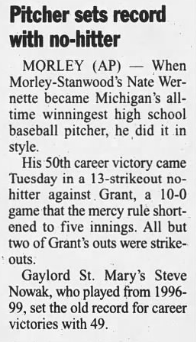 Wernette’s record-setting win made the statewide news wire, appearing in various newspapers including as this clip in the St. Joseph Herald-Palladium.