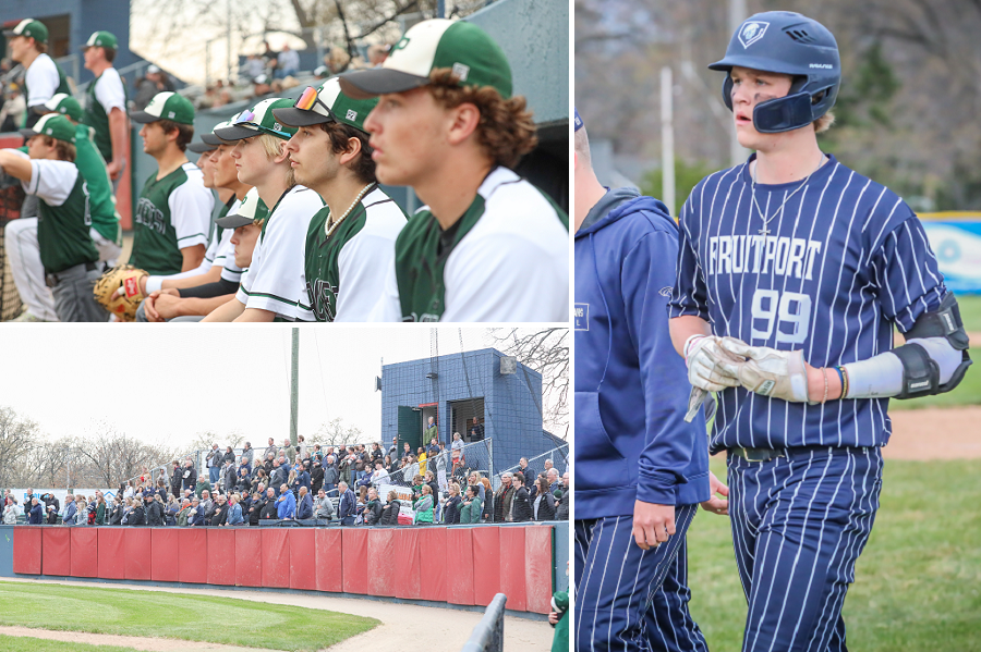 Reeths-Puffer's dugout keeps a close eye on the action, Bosch heads back to his team’s dugout, and a good-sized crowd stands for the national anthem. 