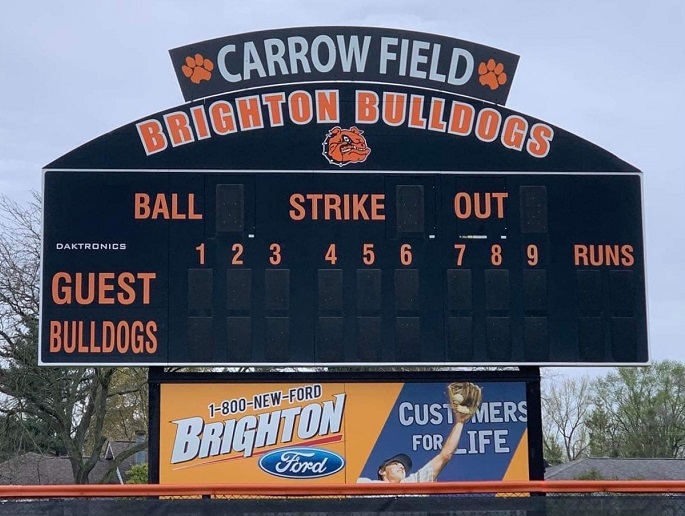 The Carrow name stands tall atop the scoreboard at the field named for the longtime coach. 