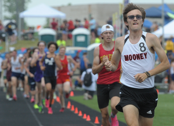 Cardinal Mooney's Tyler Lenn, far right, sets the pace in the 1,600.