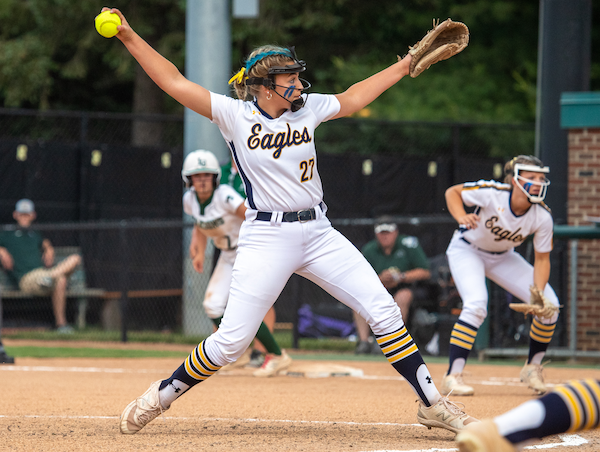 Eagles ace Kylie Swierkos makes her move toward the plate during her team’s victory.