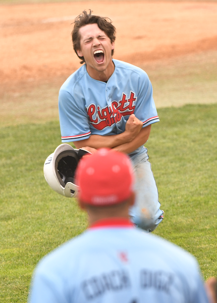 A Liggett player lets out a yell during his team's win.