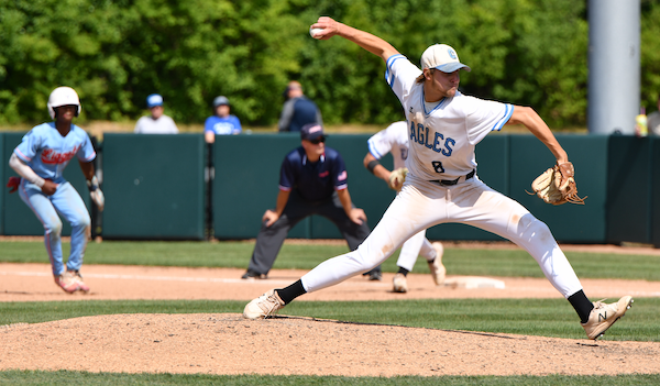 The Eagles’ Cam Seth (8) delivers after coming on in relief. 