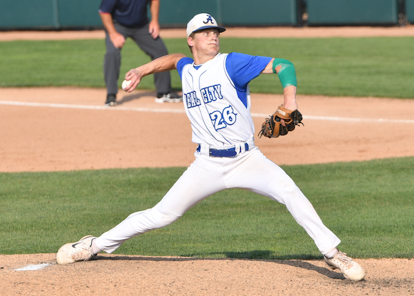 Cayden Smith begins to unload a pitch during his winning performance.