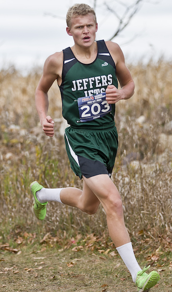Jeffers' Landon Larson rounds a corner on his way to a win in Division 2. 