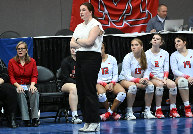 Slack surveys her team's play during its first trip to Kellogg Arena.