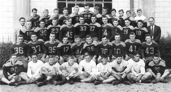 The 1950 Scotties: Back row William Price, Walter Jousma, Jack Moreland, Peterson, Harvey Jacobsen, Allan Vander Laan, Forrest Clark, Gerritt Nordhof, Arthur Benedict, Larry Schroder, Larry Lind, Donald Williams (Manager). Third row Assistant Coach Wisner, Donald Moffatt, Ramon Schantz, Bob Cisler, Bob Higley, Merle Maier, Wallace Lotterman, Bob Schultz, James Fitzsimmons, Fred Darling, Vern Kayser, Coach Thornton Auwater. Second Row Elmer Velthouse, Bernard Kilmartin, Donald Braendle, Louis Bellgraph, Marvin Eldridge, Allyn Niles, James Porritt, Benjamin Miller, Bill Jousma, Gordon Poll. First Row Gary Cherpes, Joseph Sleeman, Harold Olthouse, Rod Campbell, Garrit Keizer, Carl Yonkers, Clyde Barrett, James Ayers, Hosmer Parks. Not pictured Arnold Benedict, Bob Workman.