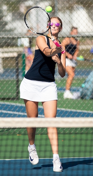 Norway's Jordyn Moln sends a volley during a No. 1 singles match.