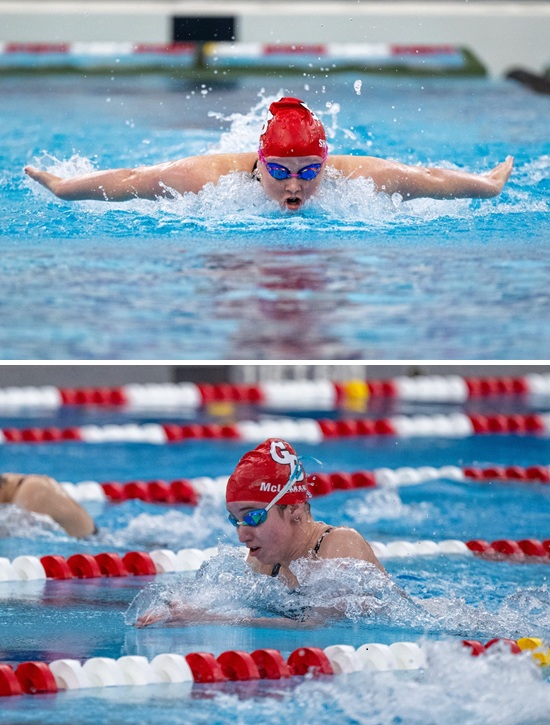 Mallory Shaver, top, swims the butterfly and Riley McLeman swims the breaststroke.