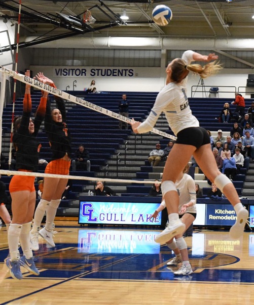 The Eagles’ Grace Goodyke gets up for a kill attempt against Tecumseh during Tuesday’s Quarterfinal.