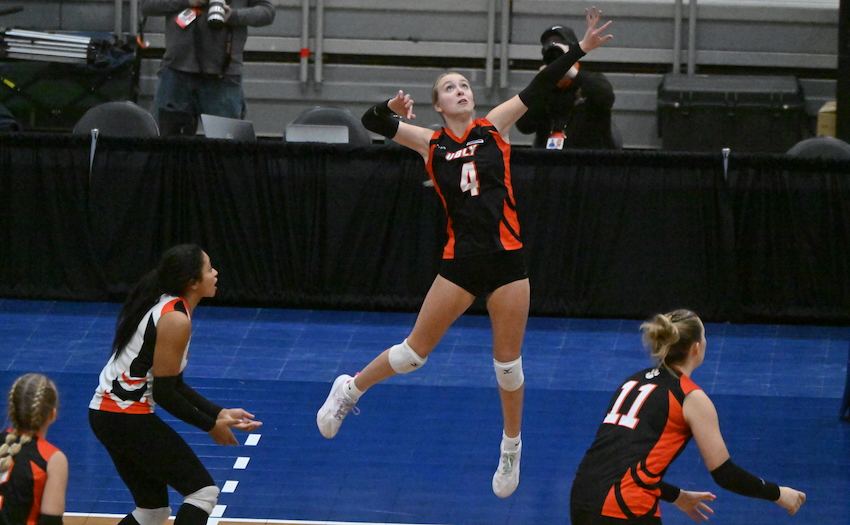 Ubly senior Sophi Heleski (4) elevates for a kill attempt. 