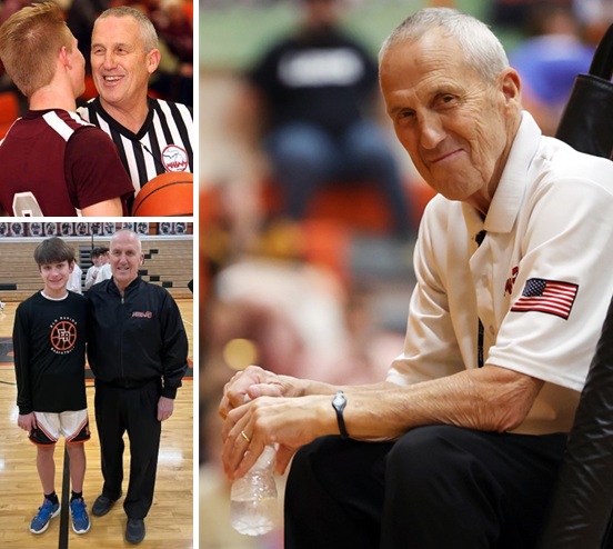 Tom Johnson is in his 50th season officiating, a run filled with many memories including refereeing his grandson’s game at Elk Rapids (lower left).