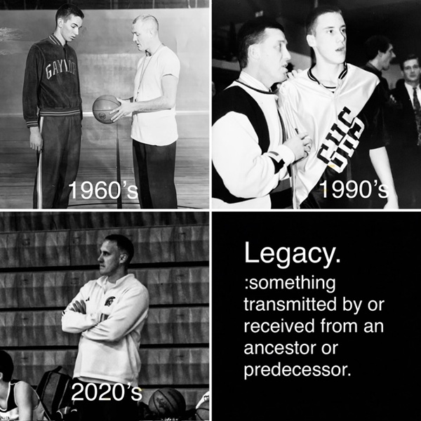 This collage, from top left, includes longtime coach Jim Mongeau speaking with a Gaylord player during the 1960s, Tom Johnson coaching a player during the 1990s, and Luke now coaching.