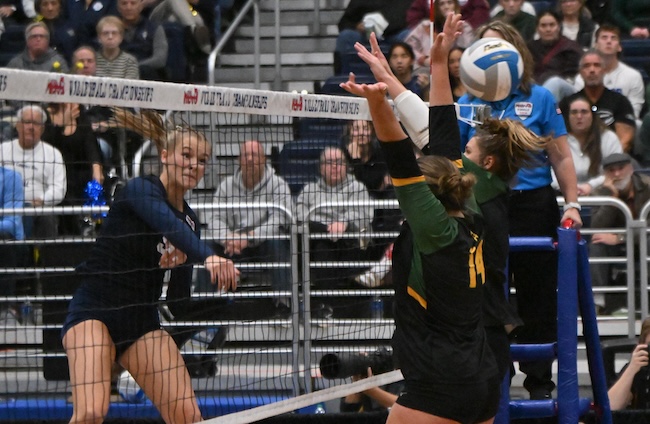 Elise Hiemstra (9) smashes a kill attempt at a Flat Rock block including Jaclynn Motyka (14).