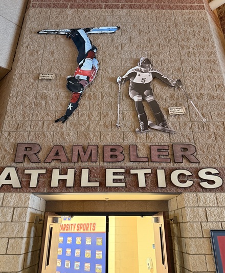 This tribute at Boyne City High School celebrates Olympians Kaila Kuhn, class of 2021, and Cary Adgate, class of 1971.