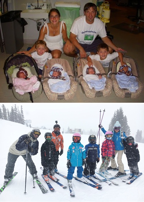 The Lewandowski family poses for a photo with the quadruplets as infants, and then later during a day on the hill.