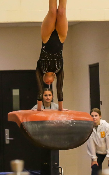 Teammate Kate Gostlin vaults on the way to winning the Division 1 title in the event at the Individual Finals.
