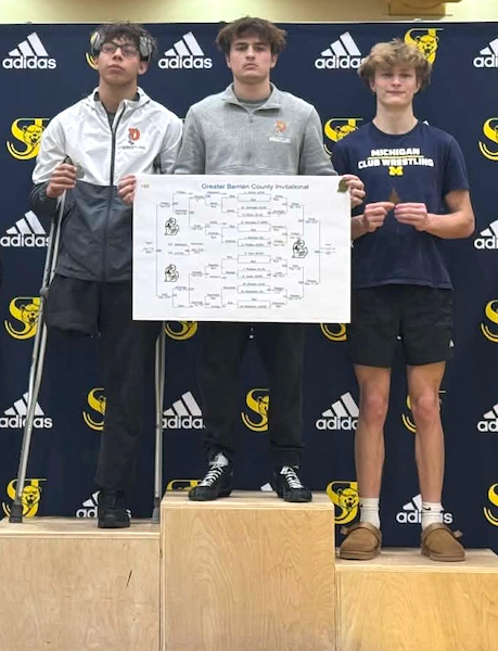 Wesaw, far left, stands on the podium after earning a second-place finish at the Greater Berrien County Invitational.