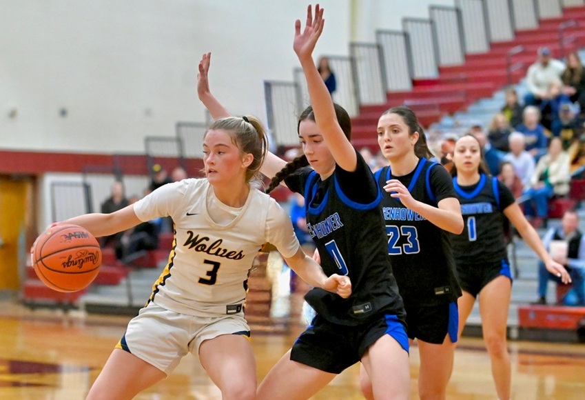 Utica Eisenhower’s Madison Repicky (0) walls off the lane during her team’s Regional Final win over Clarkston.