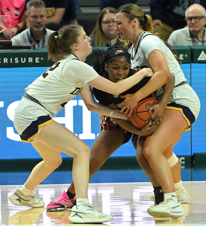 The Panthers’ Jaynie English (22) and Carly Dennis contend with Walker for possession.