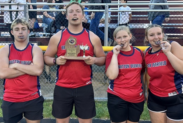 Patriots throwers (from left) Drew Bunker, Zach Gonzalez, Kurina Dotson and McKenna Allshouse show off their trophy and medals won at the Clinton Throwers Meet.