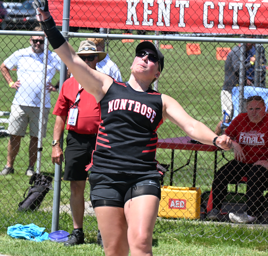 Montrose's Addyson Stiverson launches the shot; she set the all-Finals record in the event. 