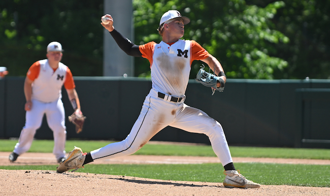 Marcellus pitcher Cale Hackenburg makes his move toward the plate during his team’s Semifinal victory.