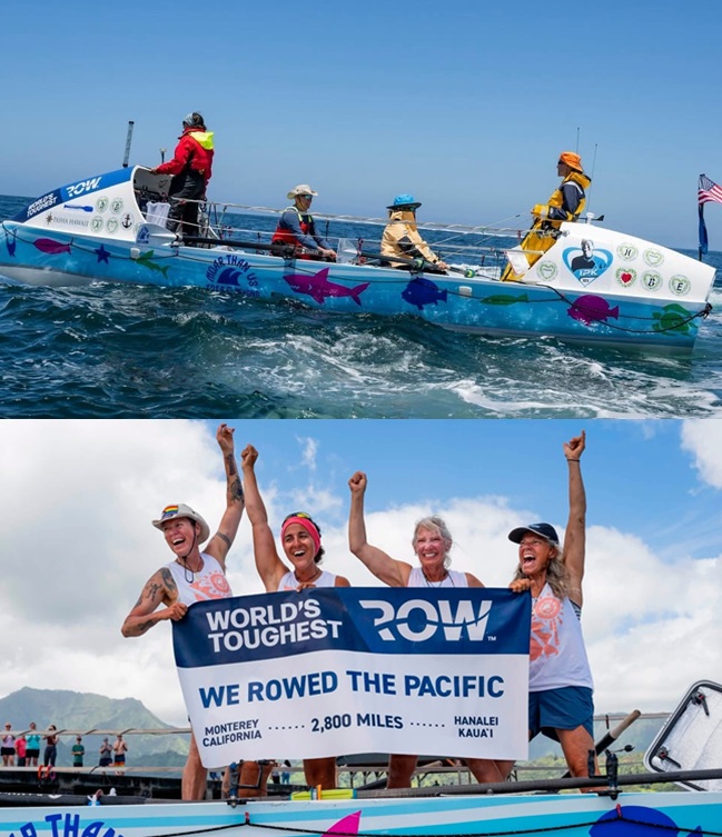 The Moar Than US team rows toward Hawaii, and celebrates its accomplishment.