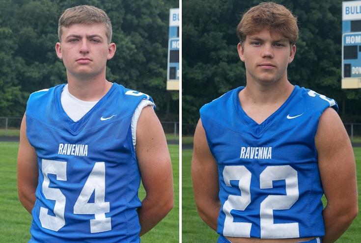 Joel Kantola, left, is a senior center for the Ravenna football team, and Colton Rolison is a senior linebacker.