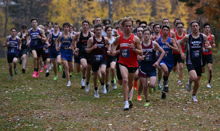 enominee's Bradley Klann (85), Marquette's Lucas Ballard (69), Ishpeming Westwood's Calvin Carlson (41), Calumet's Alex Rodriguez (2) and Sault Ste. Marie's Chase Aldridge (115) set the pace at the start in Division 1.